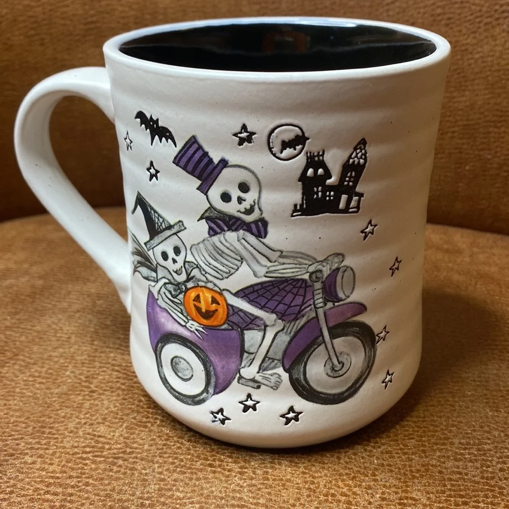 Cobwebs & Cauldrons Halloween Skeletons Riding Motorcycle 18 oz Ceramic Mug